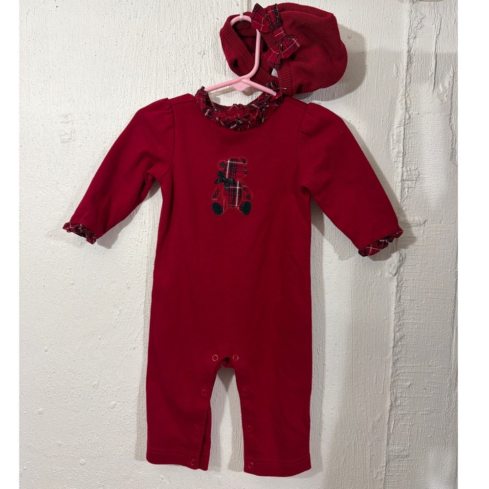 Gymboree Baby Girl Red Plaid Teddy Bear Romper and Beret Set 6-12 Months Holiday